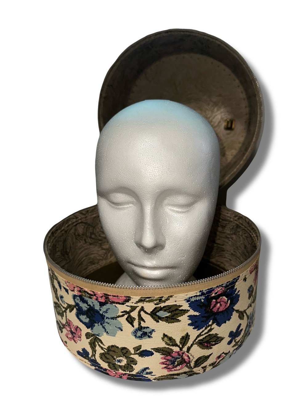 Vtg 60s Floral Wig Travel Case w/ Mannequin Head - Picture 8 of 11